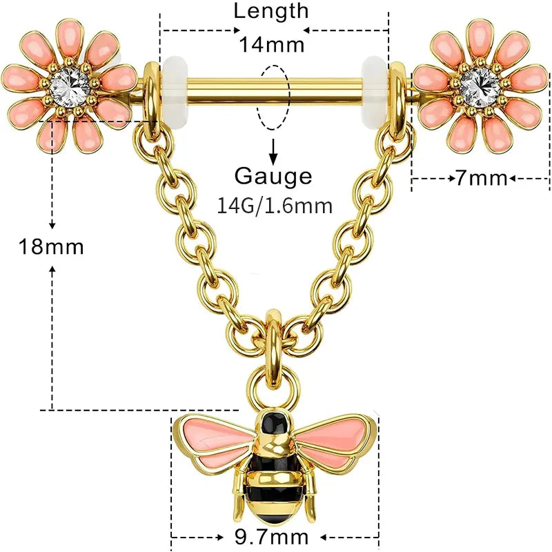 Dainty Flower Nipple Ring  Barbell with Bee Charm  5