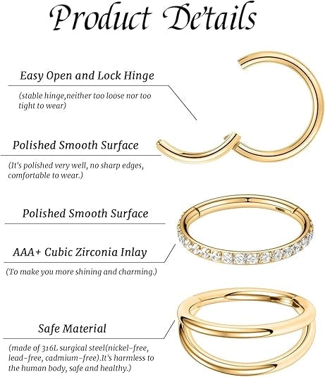 3 Pcs Gold Surgical Steel Nose Rings