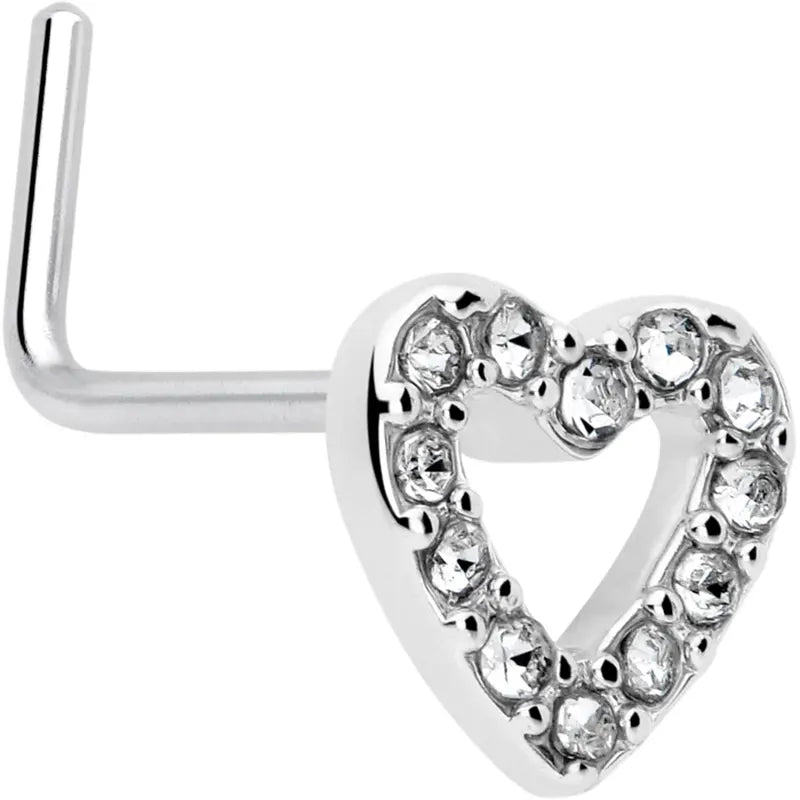 20G 7mm Clear Gem Paved Heart Stainless Steel L-Shaped Nose Stud