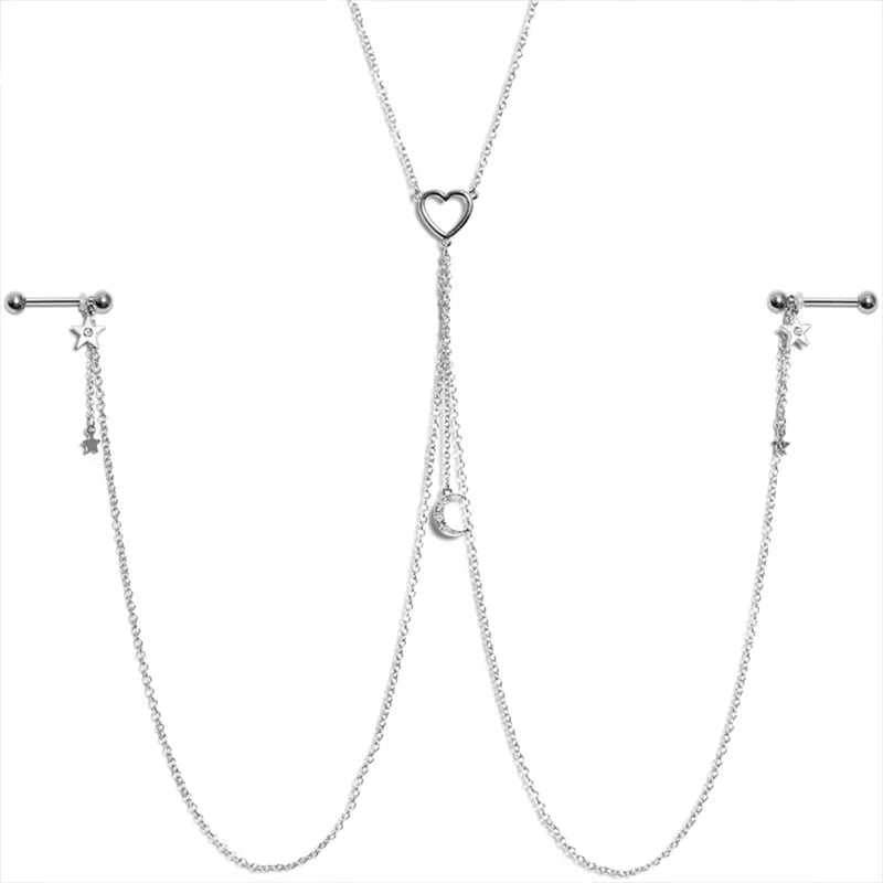 Nipple Chain with Moon & Heart Star Clear Gem Pendant
