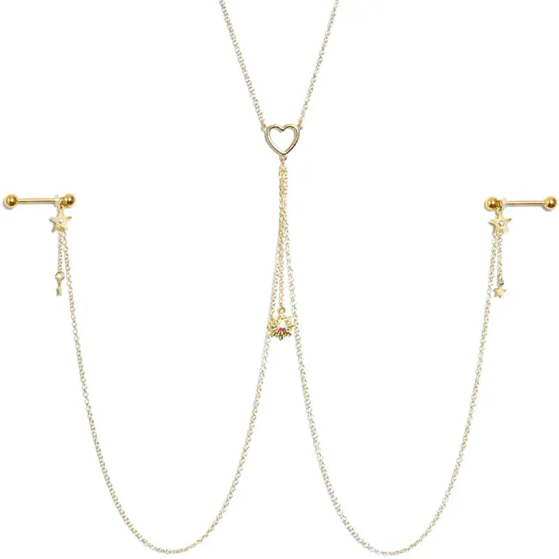 14G Gold Nipple Chain with Aurora Gem Sun Heart Star Charms