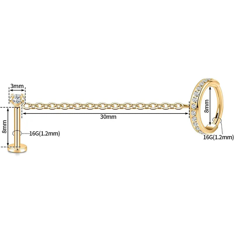 316L Chain Cartilage Nail Zirconium 1.2*8*3 Golden White Zircon
