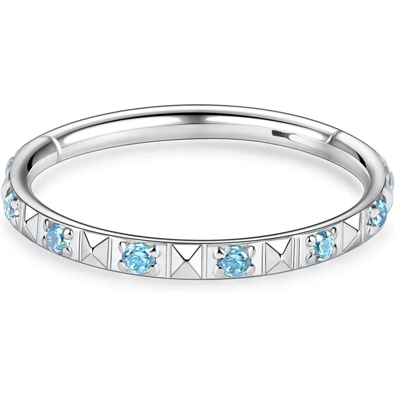 16G Surgical Steel Inlay Blue CZ and Pyramid Silver Hoop Earrings