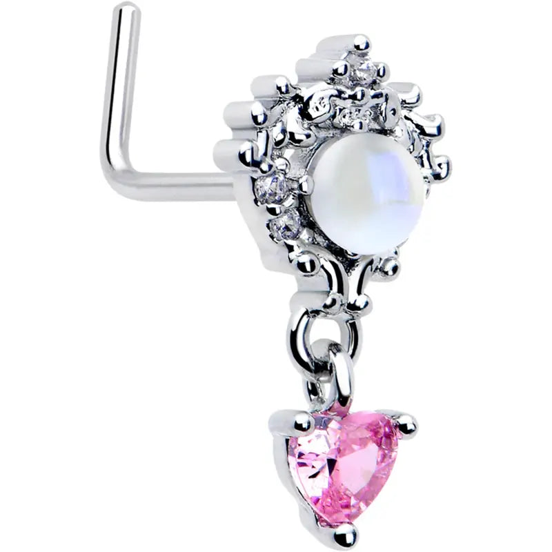 20G 7mm Pink CZ Heart Mystique Dangle Stainless Steel L-Shaped Nose Stud