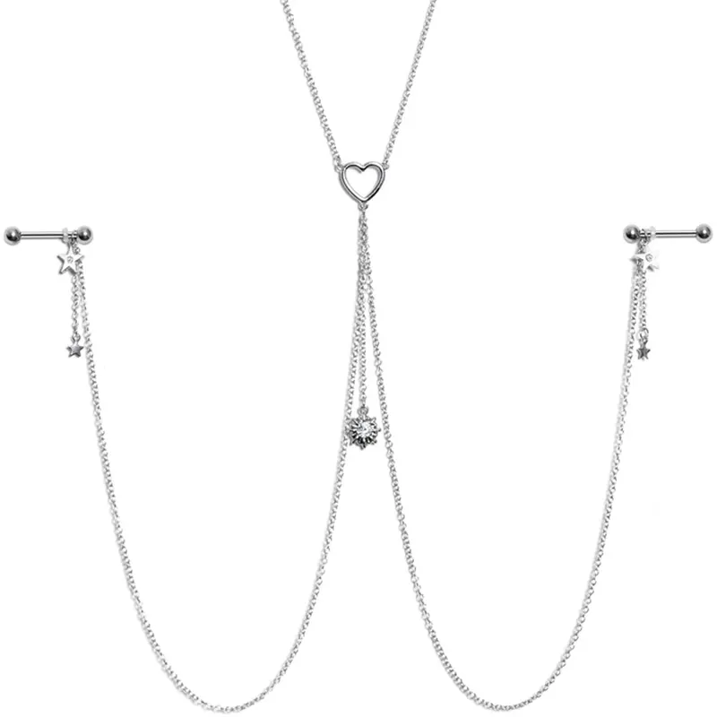 Gemstone Moon & Heart Nipple Chain, 5/8" Piercing Jewelry 1