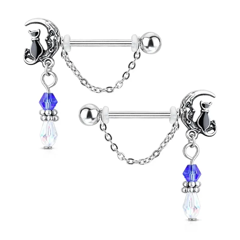 Cat on Moon Nipple Ring Set – Cute Dangle Piercing Jewelry