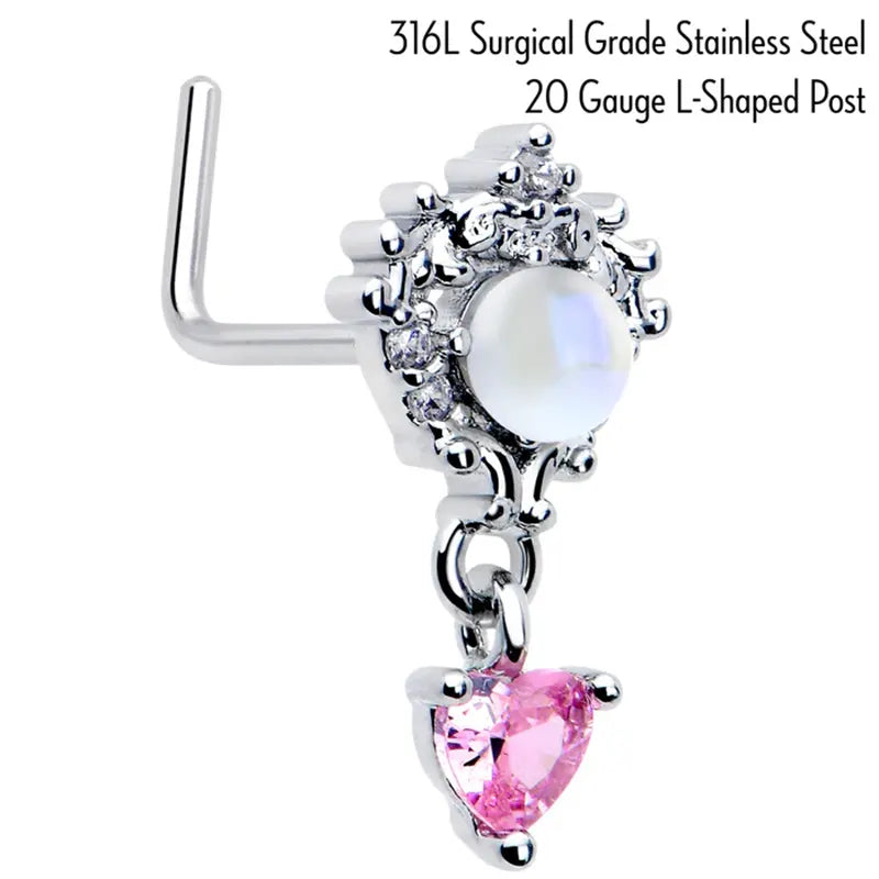 20G 7mm Pink CZ Heart Mystique Dangle Stainless Steel L-Shaped Nose Stud