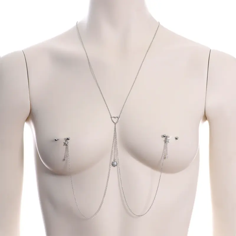Gemstone Moon & Heart Nipple Chain, 5/8" Piercing Jewelry 3