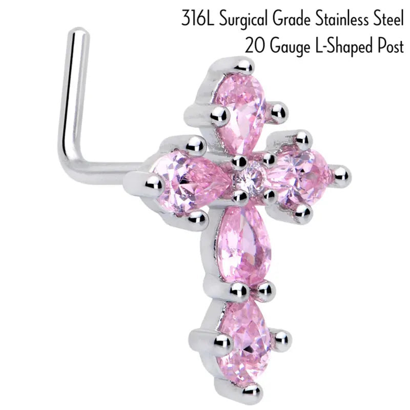 20G 7mm Pink CZ Cross Charm Stainless Steel L-Shaped Nose Stud