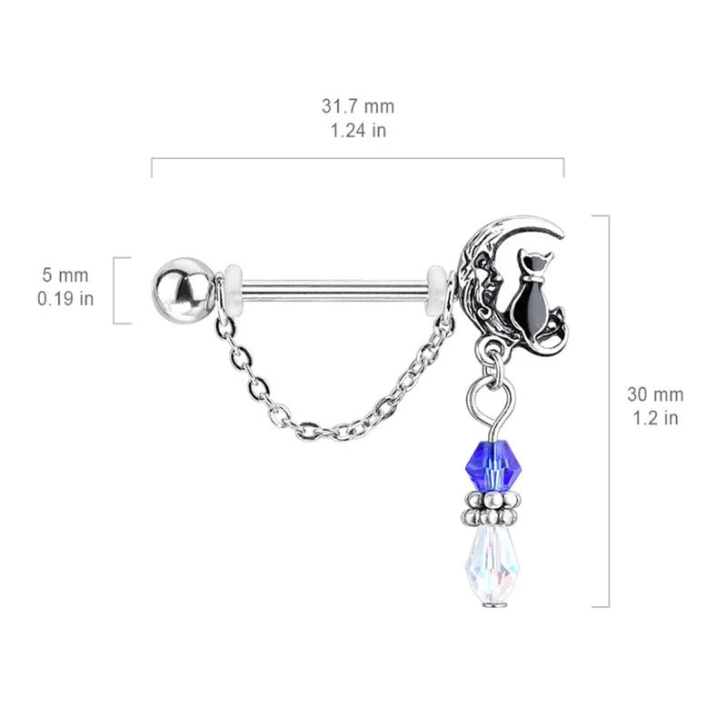 Cat on Moon Nipple Ring Set – Cute Dangle Piercing Jewelry