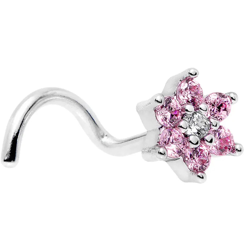 18G 1/4 Pink & Clear CZ Gem Flower Right Nose Screw