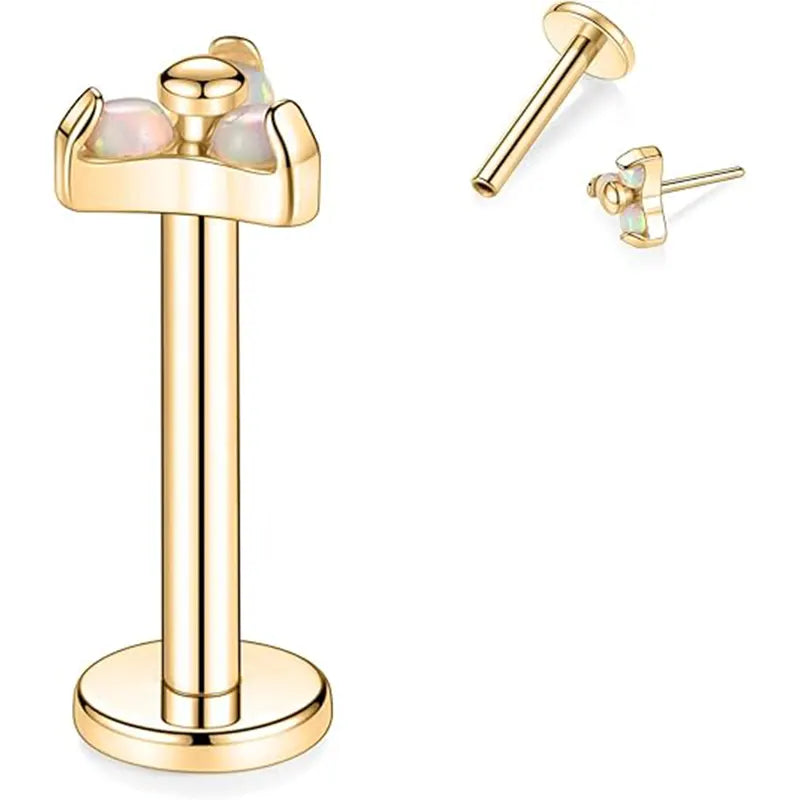 G23 Pin Style Gold 3 White Opal Three Petal Lip Nail 1.2*6/8