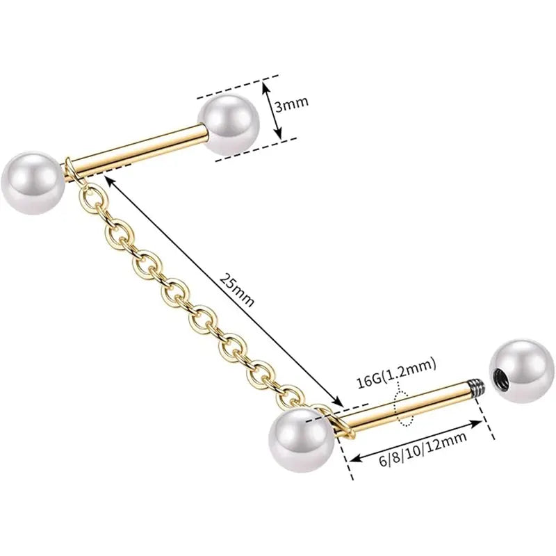 316L Cartilage Nail Single Chain Double Rod 1.2*8*4*4 Golden White Pearl