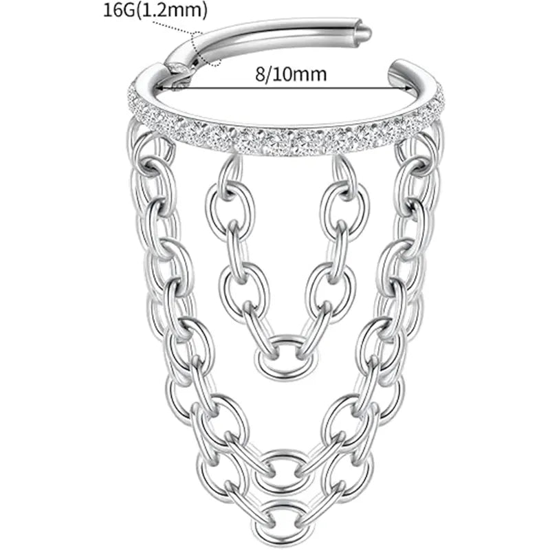 316L Silver White Zirconia Open Ring Triple Chain 1.2*8
