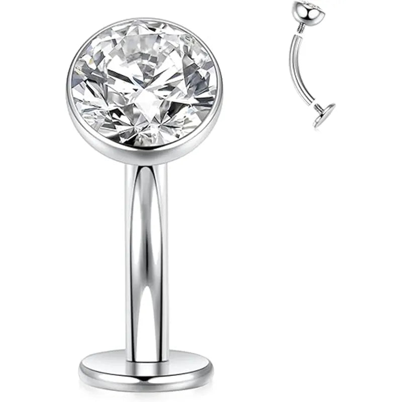 G23 Silver Round Flat Bottom Transparent Zircon Navel Nail Nail 1.6*10*5