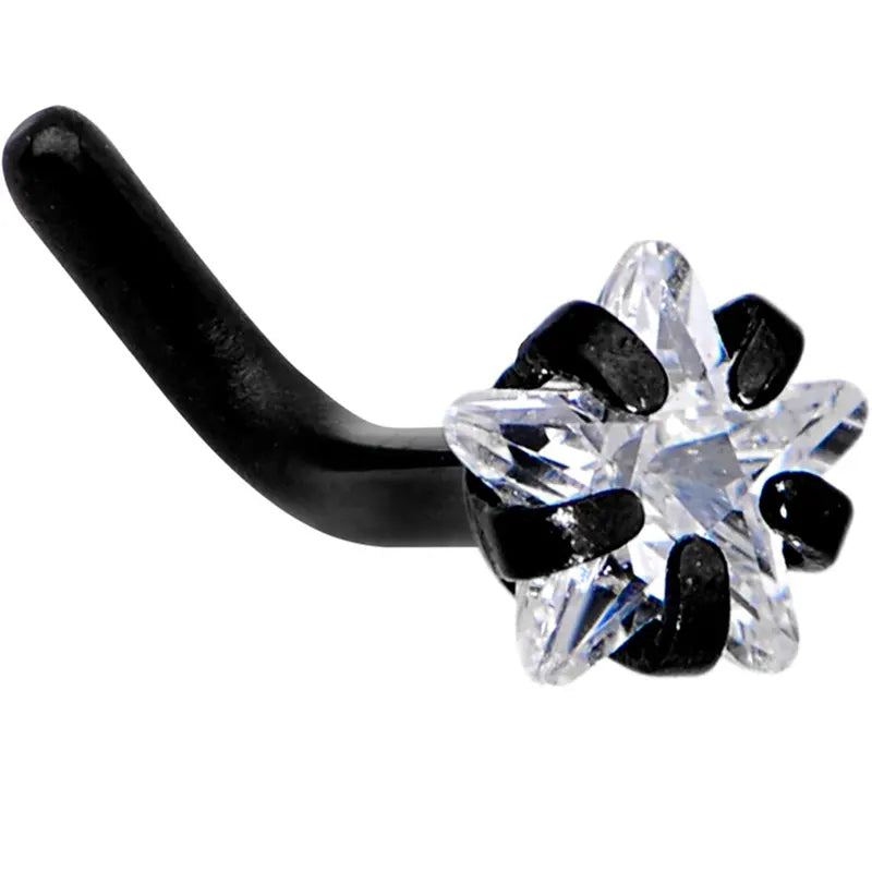 18G 1/4 Clear Star CZ Black Stainless Steel L-Shaped Nose Stud