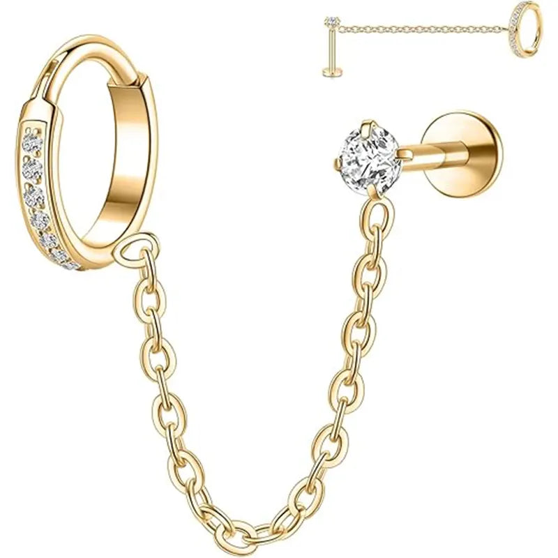 316L Chain Cartilage Nail Zirconium 1.2*8*3 Golden White Zircon