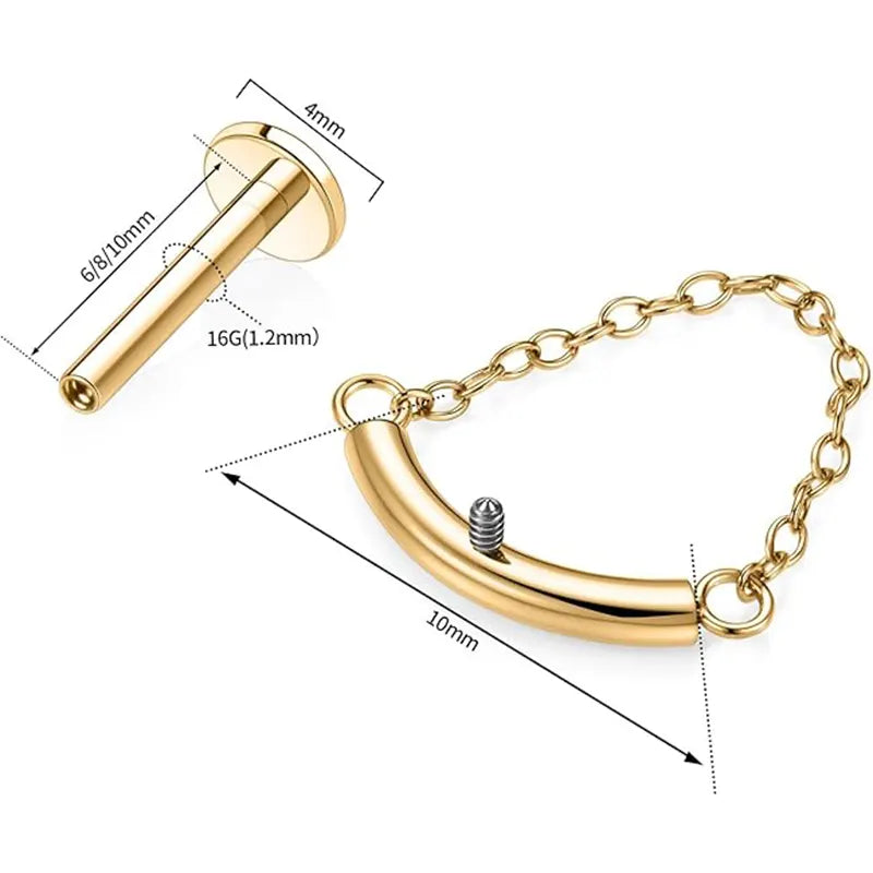 G23 Curved Ear Bone Studs with Chain 1.2*6 Gold