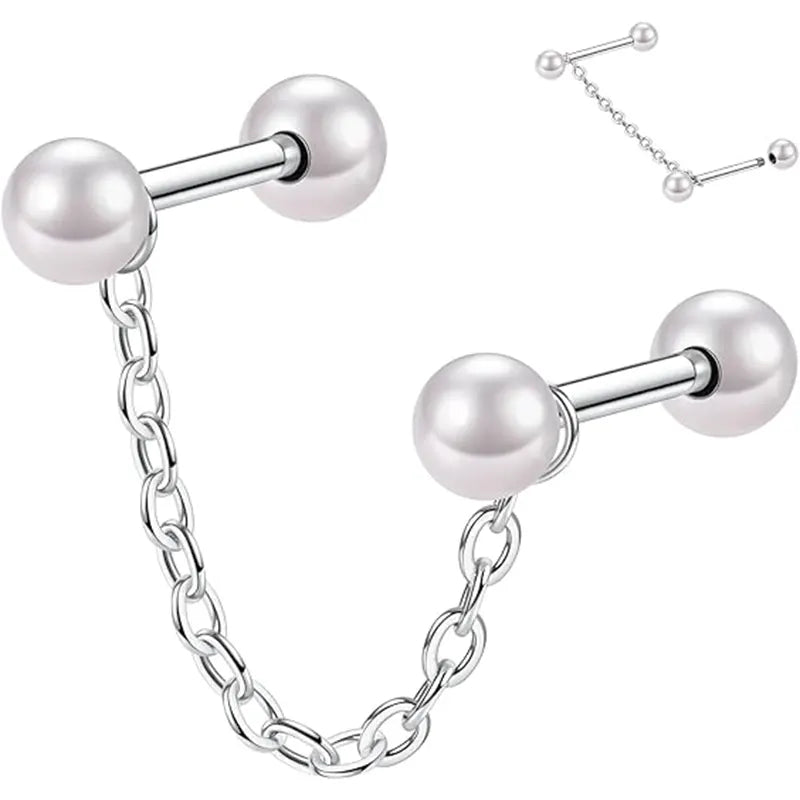 316L Cartilage Nail Single Chain Double Rod 1.2*6*4*4 Silver White Pearl