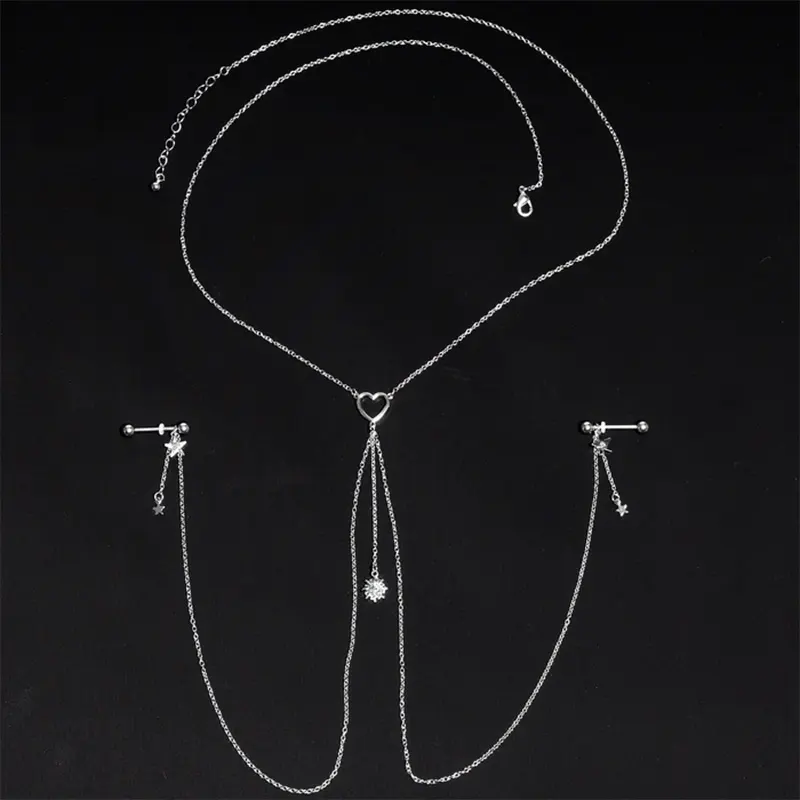 Gemstone Moon & Heart Nipple Chain, 5/8" Piercing Jewelry 6