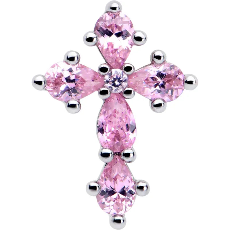 20G 7mm Pink CZ Cross Charm Stainless Steel L-Shaped Nose Stud