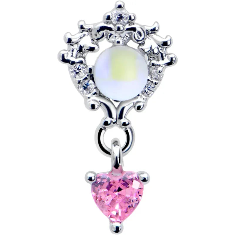 20G 7mm Pink CZ Heart Mystique Dangle Stainless Steel L-Shaped Nose Stud