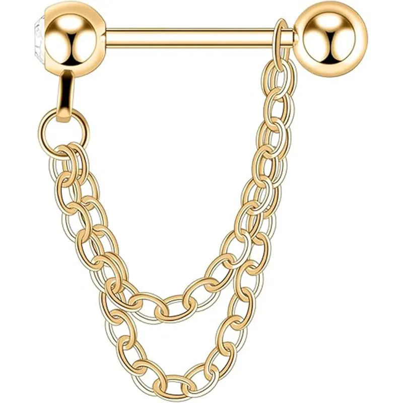 316L Cartilage Nail Double Chain Diamond 1.2*6*4*4 Gold