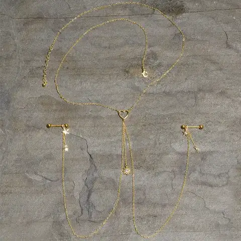 14G Gold Nipple Chain with Aurora Gem Sun Heart Star Charms