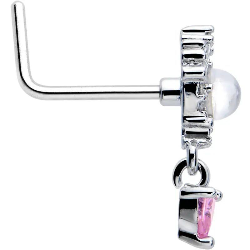 20G 7mm Pink CZ Heart Mystique Dangle Stainless Steel L-Shaped Nose Stud