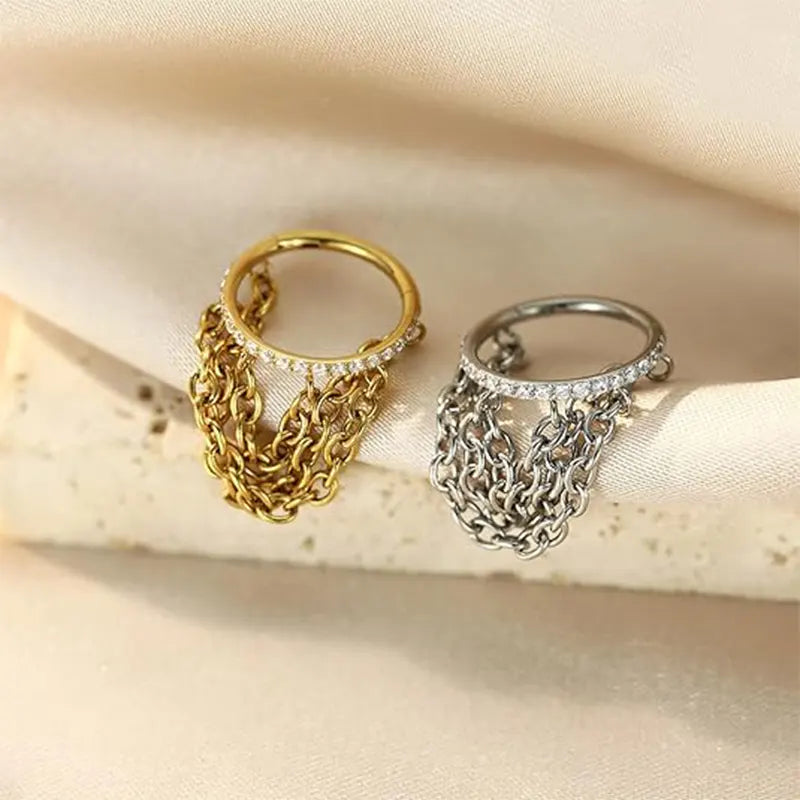316L Golden White Zirconia Open Ring Triple Chain 1.2*8