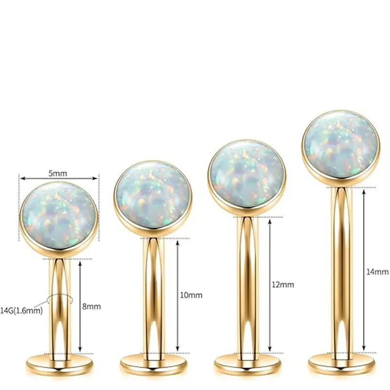 G23 Round Flat Bottom Belly Button Nail 1.6*8*5 Gold White Opal