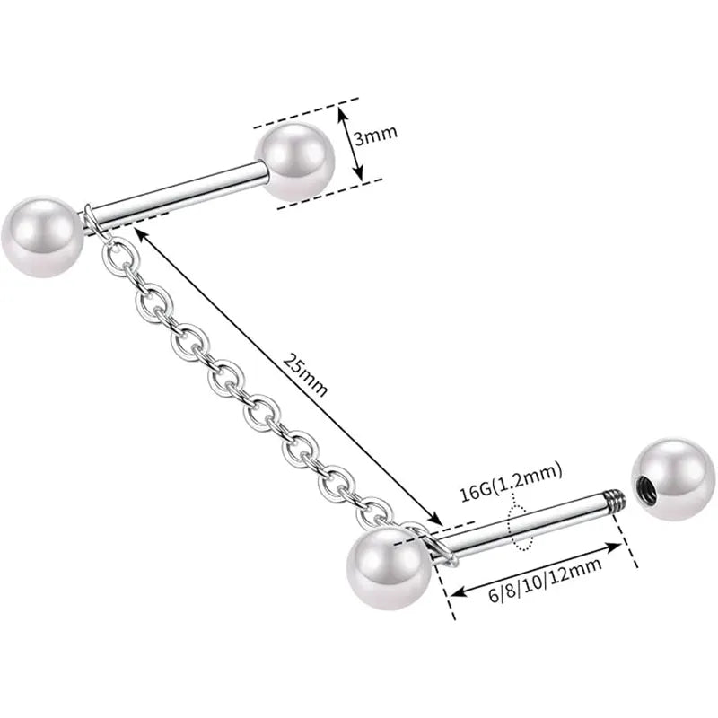 316L Cartilage Nail Single Chain Double Rod 1.2*6*4*4 Silver White Pearl