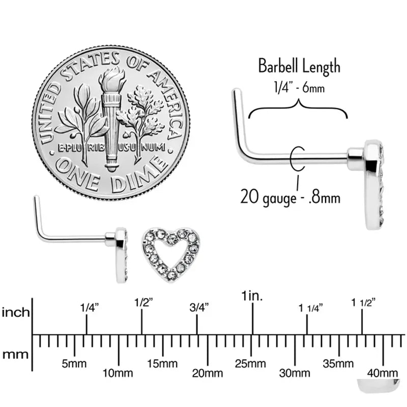 20G 7mm Clear Gem Paved Heart Stainless Steel L-Shaped Nose Stud