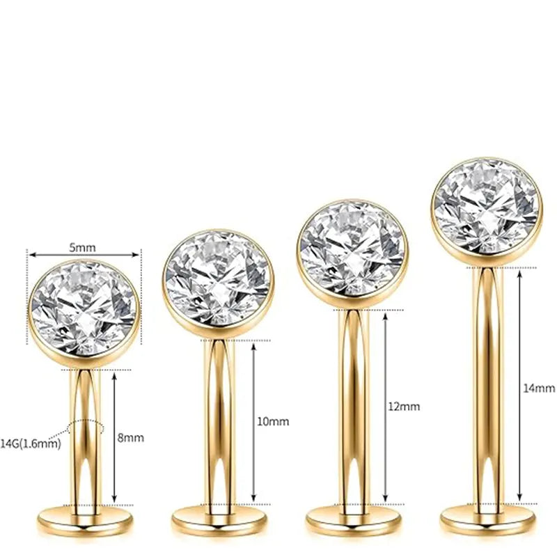 G23 Round Flat Bottom Belly Button Nail 1.6*14*5 Gold White Zircon