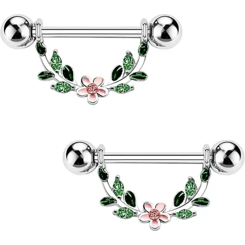 2 titanium nipple jewelry with floral embellishments