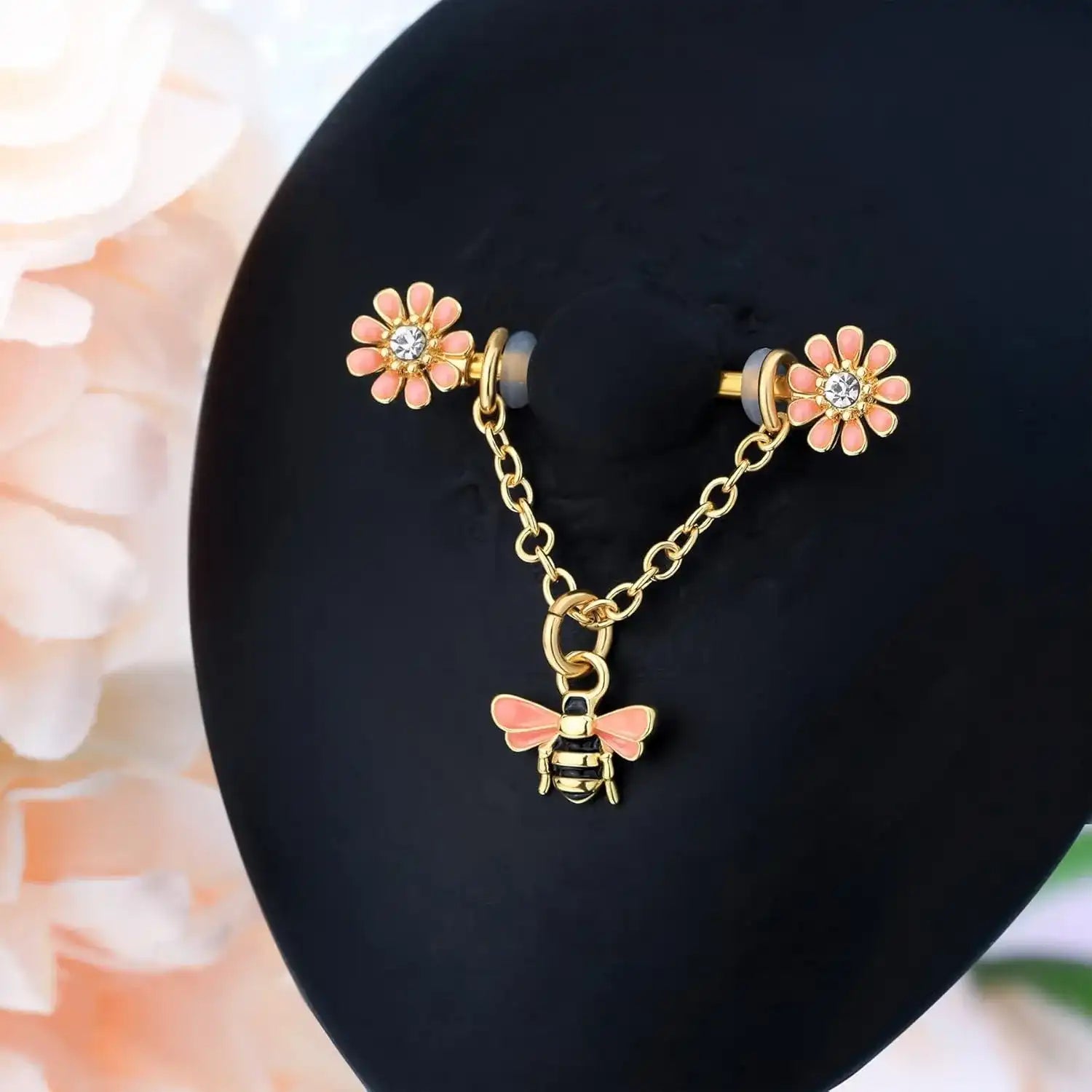 Dainty Flower Nipple Ring  Barbell with Bee Charm 4