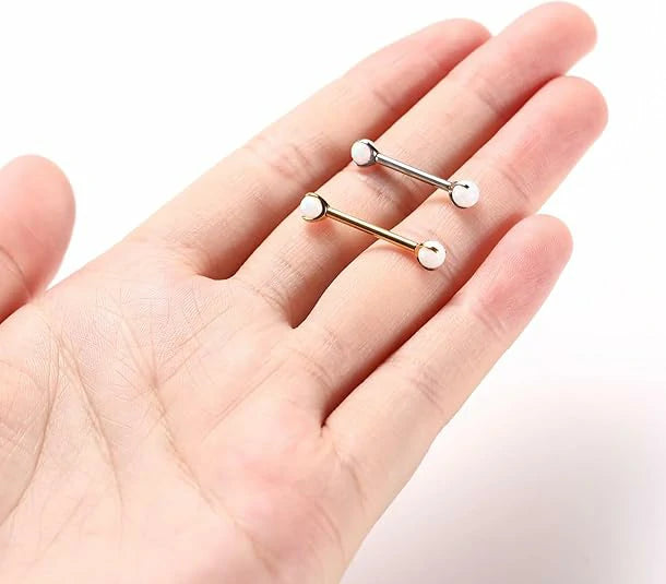 Titanium Gold Nipple Rings Barbell with White Opal 3