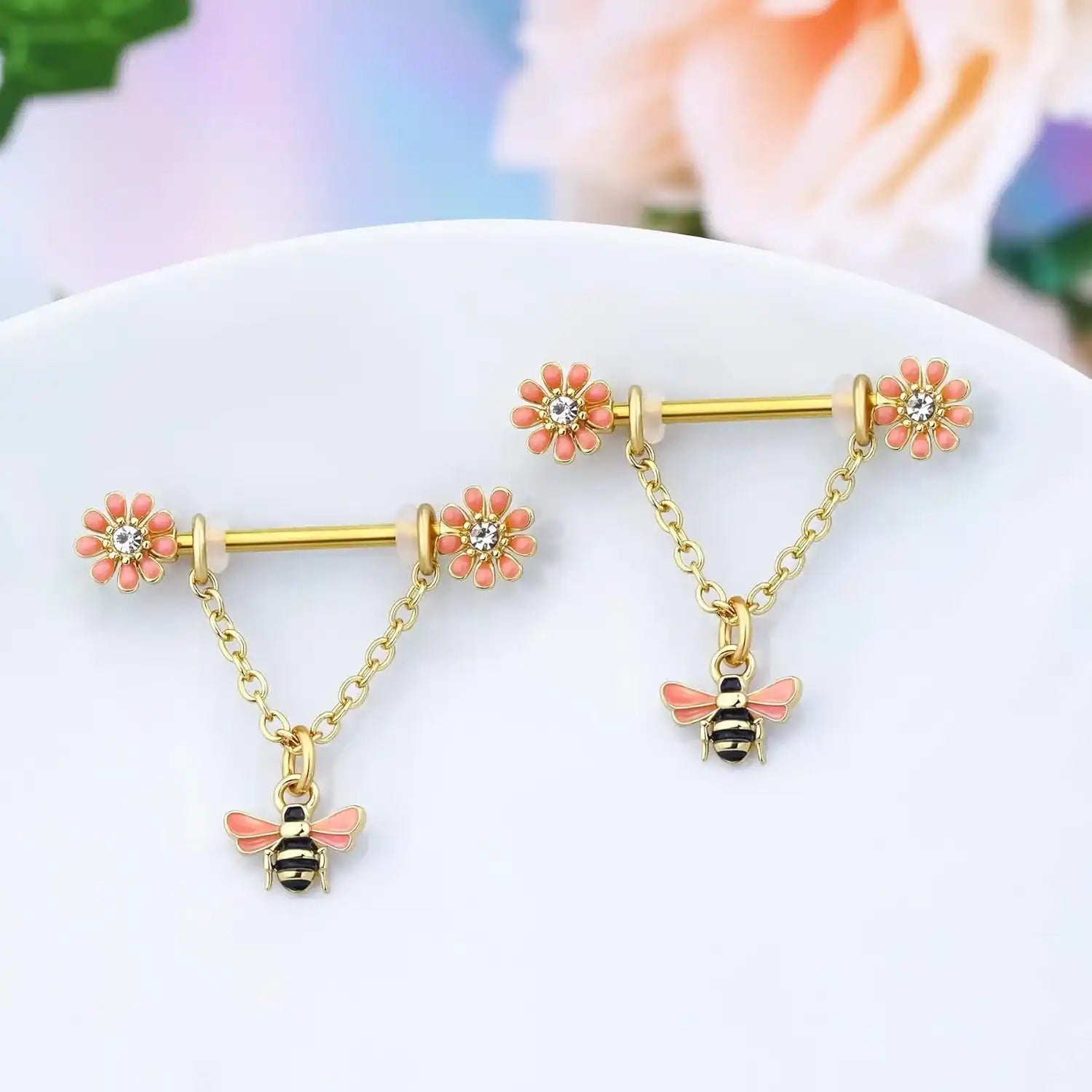 Dainty Flower Nipple Ring  Barbell with Bee Charm  1