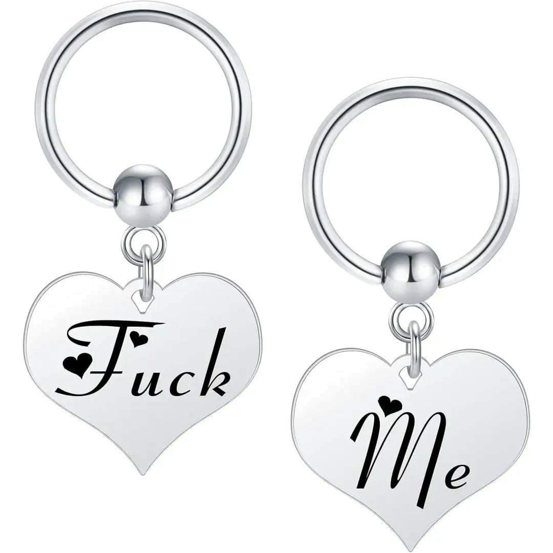 Set of 2 Cap Nipple Rings with Heart-Engraved Steel Plates