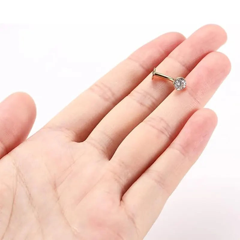 G23 Round Flat Bottom Belly Button Nail 1.6*14*5 Gold White Zircon