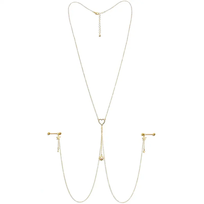 14G Gold Nipple Chain with Aurora Gem Sun Heart Star Charms 1