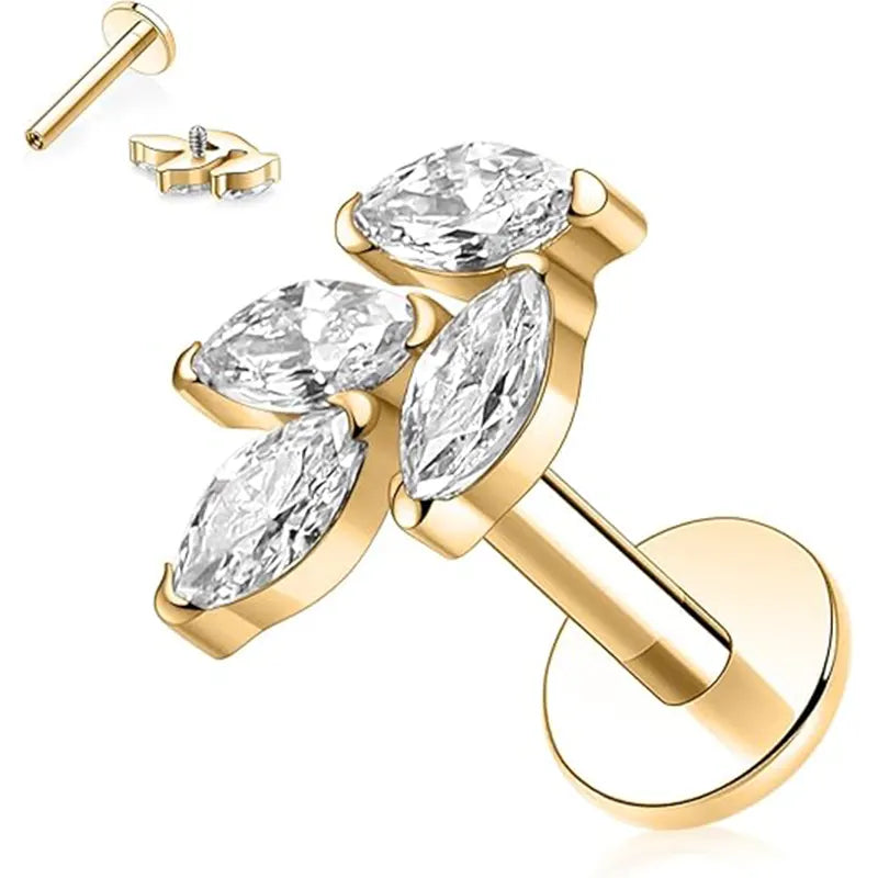 G23 Leaf-shaped Nose Stud 1.2*6 Gold White Zircon