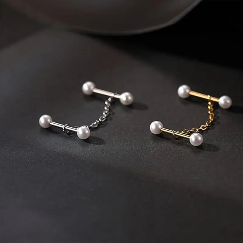 316L Cartilage Nail Single Chain Double Rod 1.2*6*4*4 Silver White Pearl