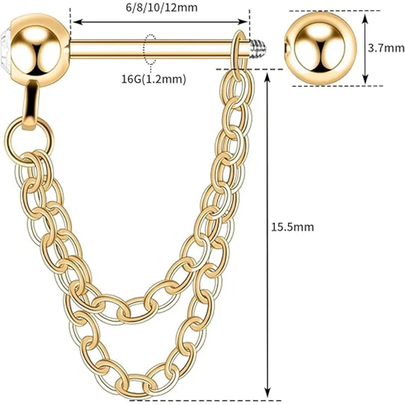 316L Cartilage Nail Double Chain Diamond 1.2*6*4*4 Gold