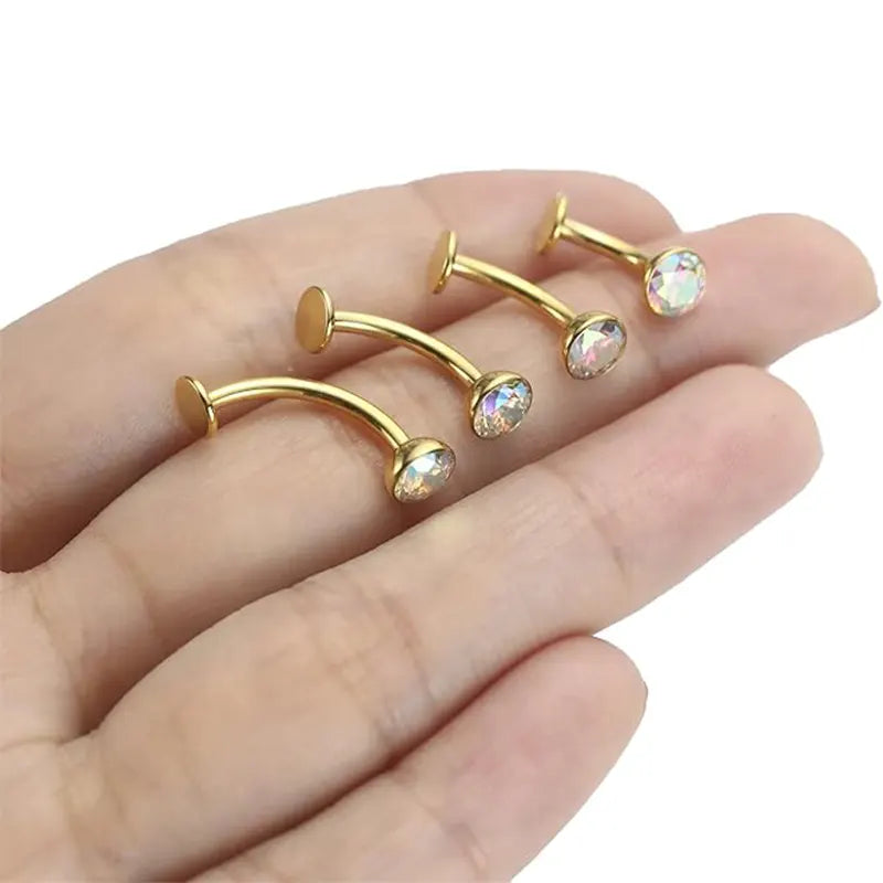G23 Round Flat Bottom Belly Button Nail 1.6*8*5 Gold White AB Zircon
