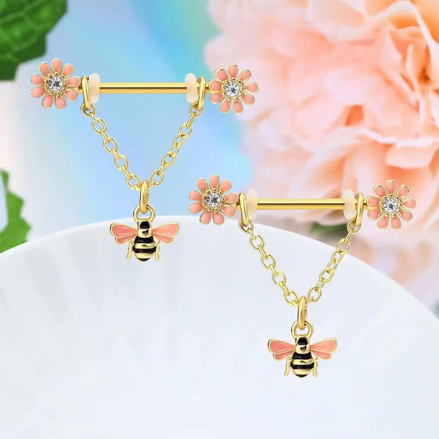 Dainty Flower Nipple Ring  Barbell with Bee Charm  2