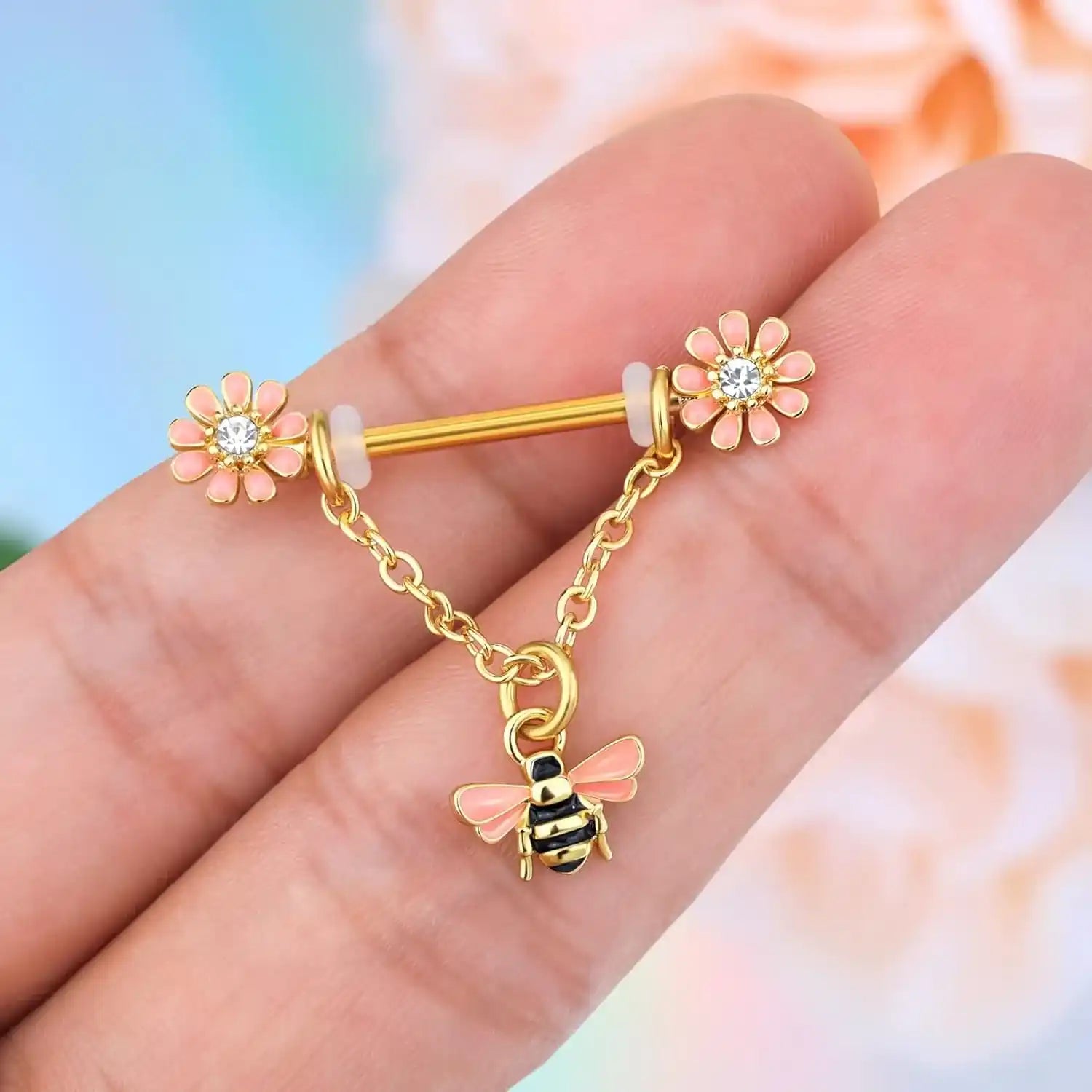 Dainty Flower Nipple Ring  Barbell with Bee Charm 3