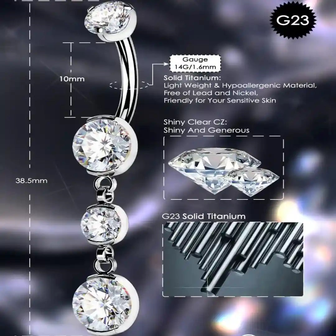 Titanium 14G Belly Button Ring with CZ Dangle for Women & Men