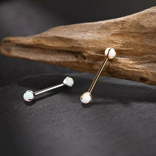 Titanium Gold Nipple Rings Barbell with White Opal 4