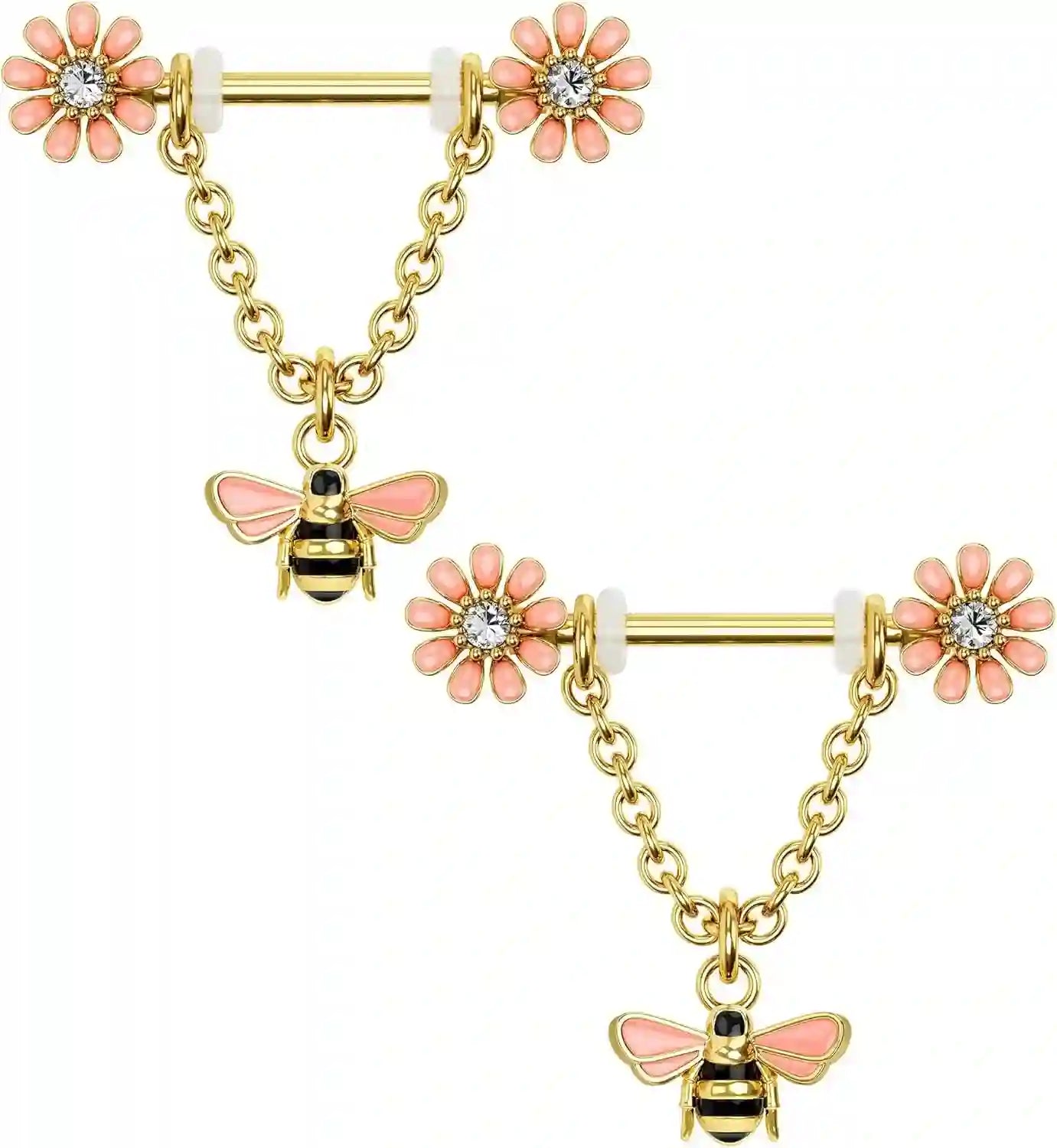 Dainty Flower Nipple Ring  Barbell with Bee Charm